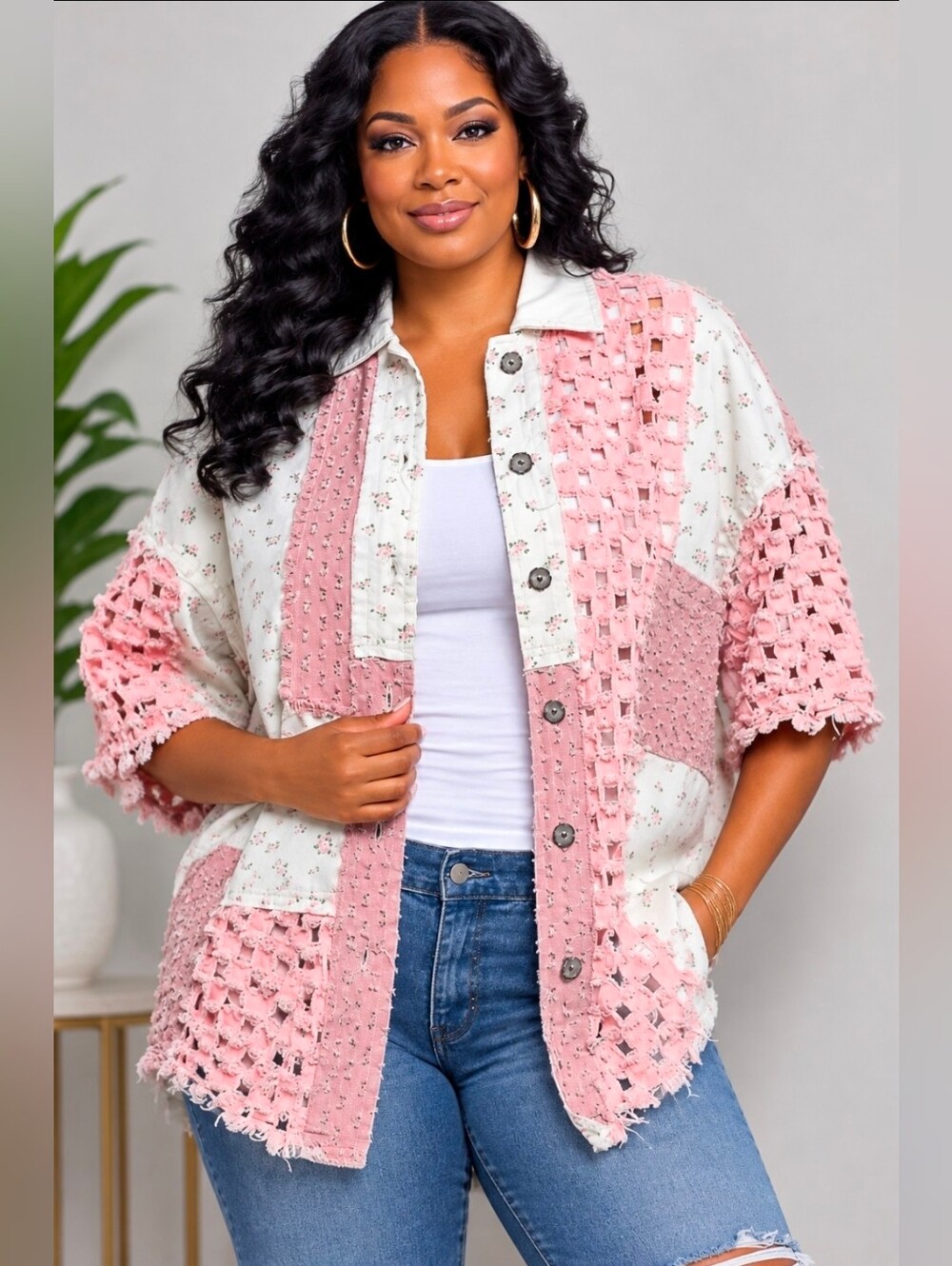 NEW!! Pink & Cream Patchwork Crochet-Trim Button Front Shacket, Sz Large